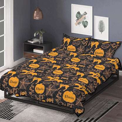 Custom Name Halloween Quilt – Black Cat & Pumpkin Bedding Set - De Krys