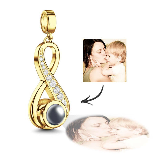 Custom Infinity Projection Necklace with gold-plated infinity design and hidden photo projection inside. Personalized keepsake jewelry gift for moms, wives, or anniversaries.