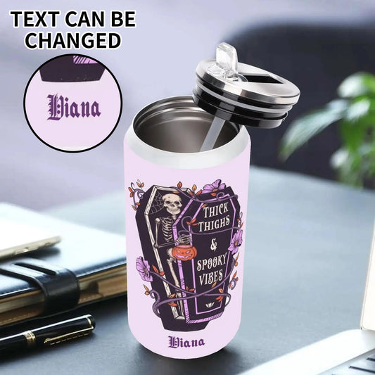 Personalized Halloween tumbler with skeleton, coffin, pumpkins, and the phrase “Thick Thighs & Spooky Vibes,” customizable with your name.