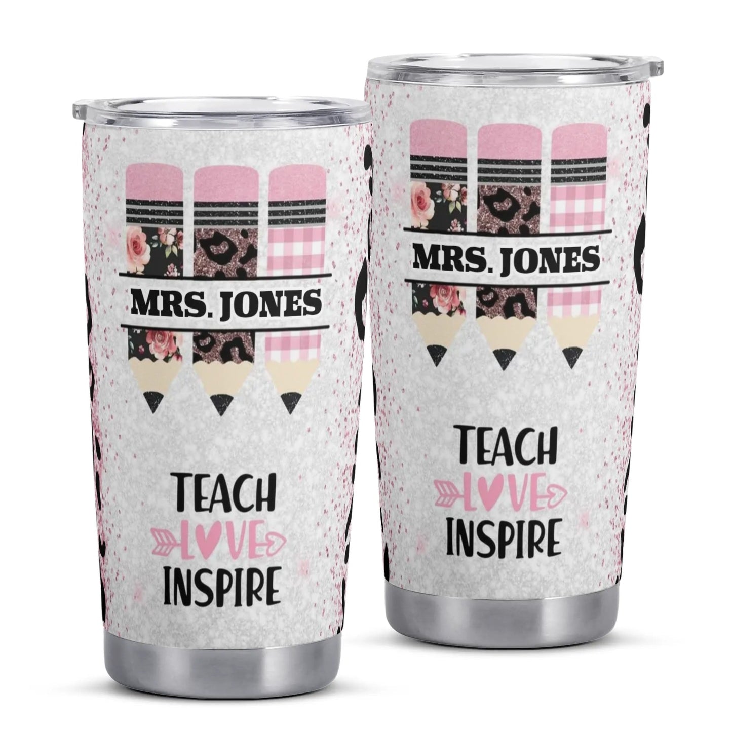 Custom Teacher Tumbler – Pencil Design, Name Gift Cup - De Krys