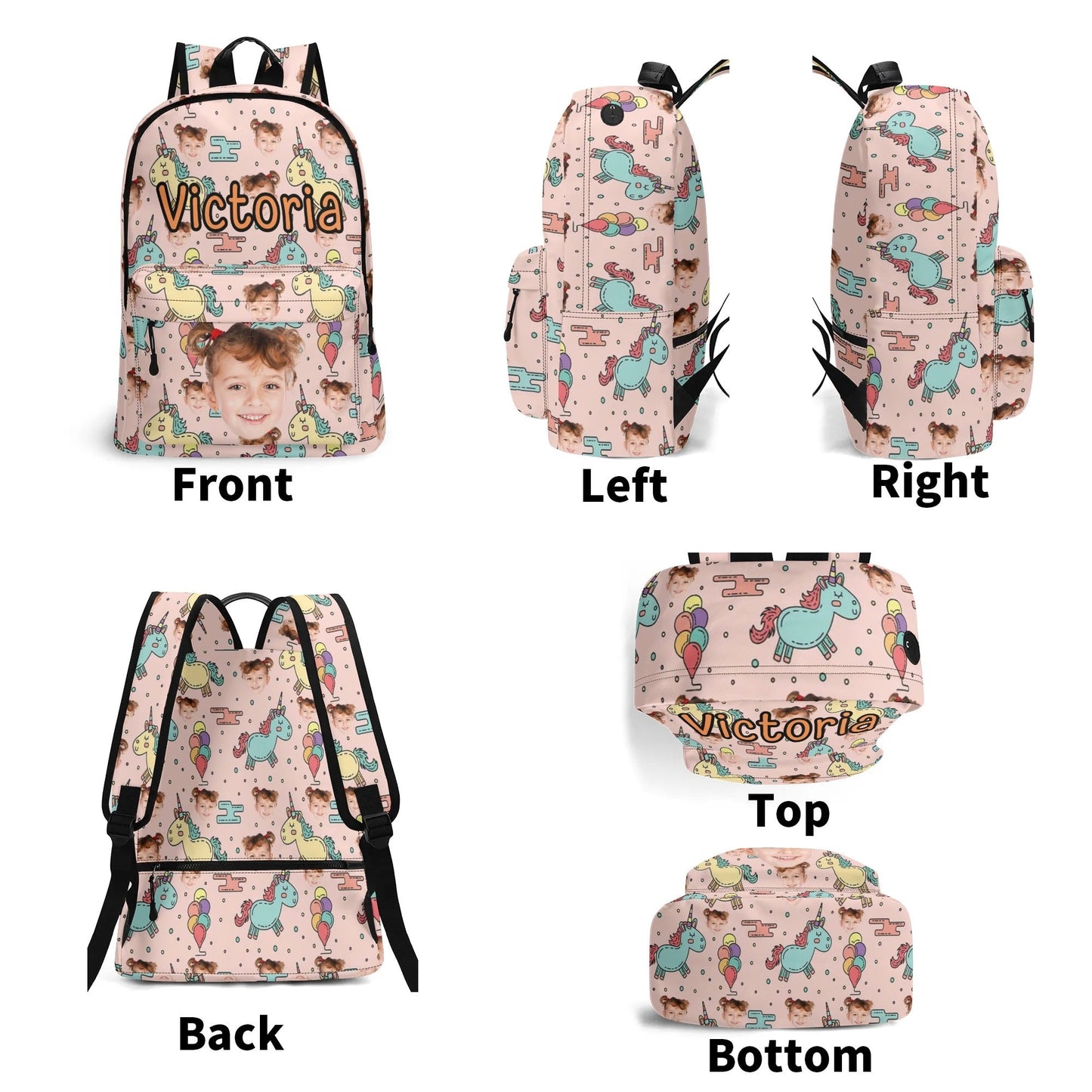 Custom Unicorn Photo Backpack for Girls 🎒 | Personalized Name & Face Bag | Pink Magical School Bag for Toddlers & Kids | Victoria Bag - De Krys
