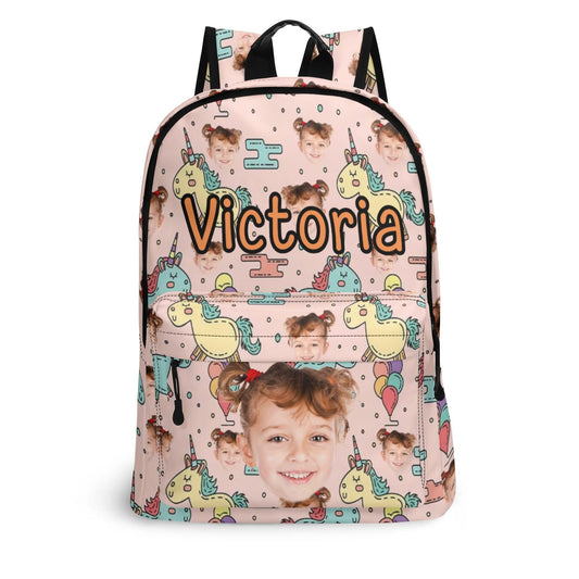 Custom unicorn kids backpack with child’s face and name personalization. Cute and colorful school bag for girls.