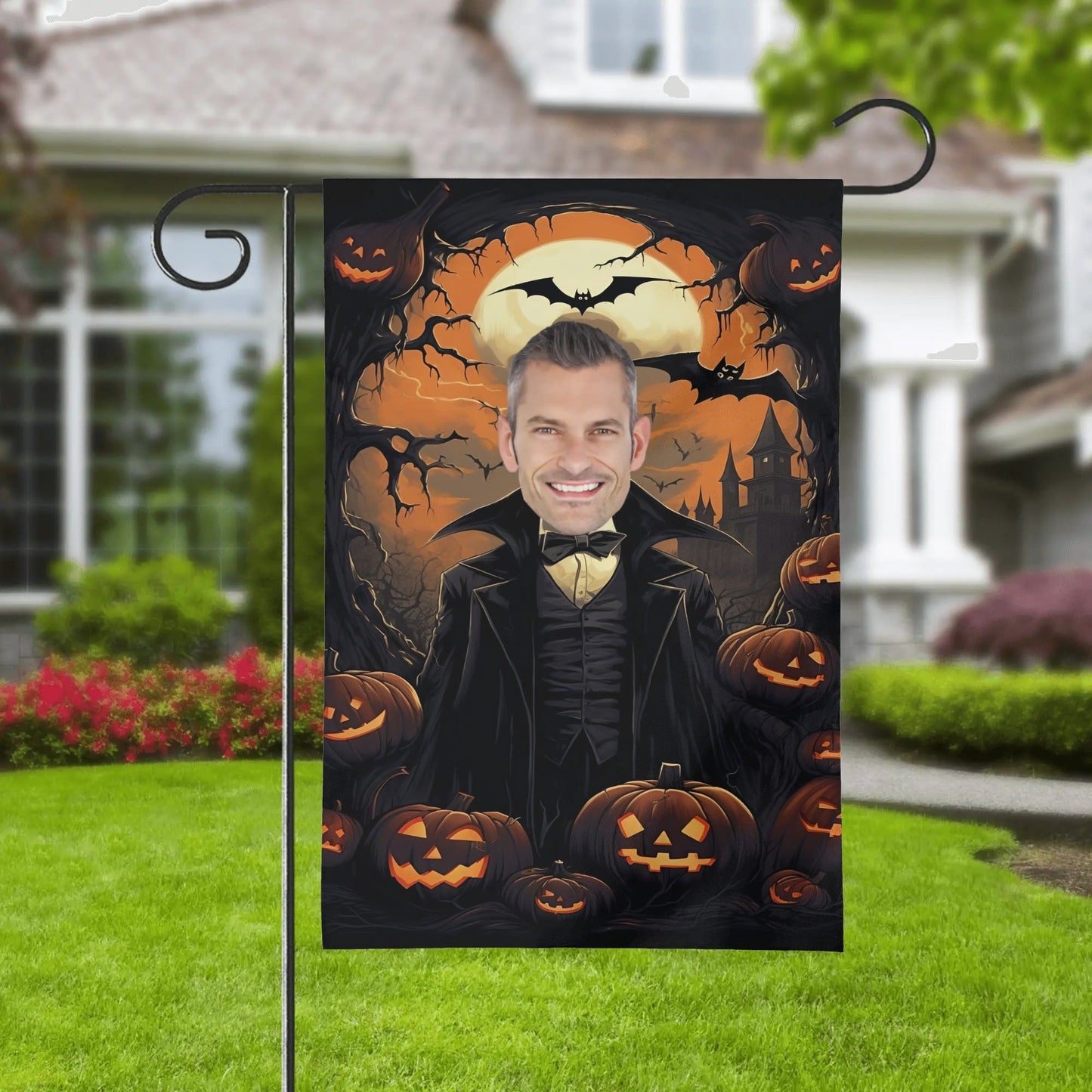Custom Vampire Halloween Garden Flag | Personalized Face Jack - O' - Lantern Yard Banner - De Krys