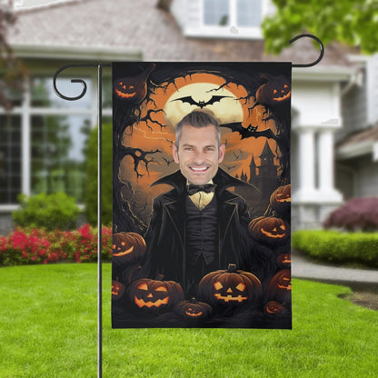 Custom Vampire Halloween Garden Flag | Personalized Face Jack - O' - Lantern Yard Banner - De Krys