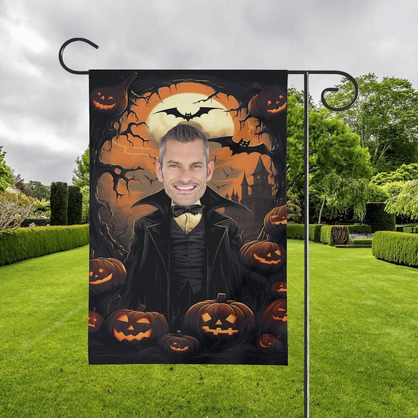 Custom Vampire Halloween Garden Flag | Personalized Face Jack - O' - Lantern Yard Banner - De Krys