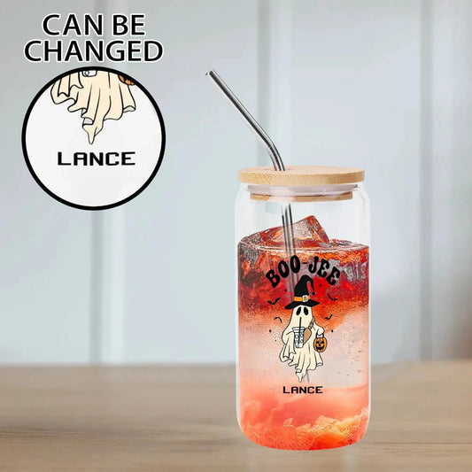 Custom Halloween ghost tumbler with “Boo Jee” witch design, bamboo lid, straw, and personalized name.