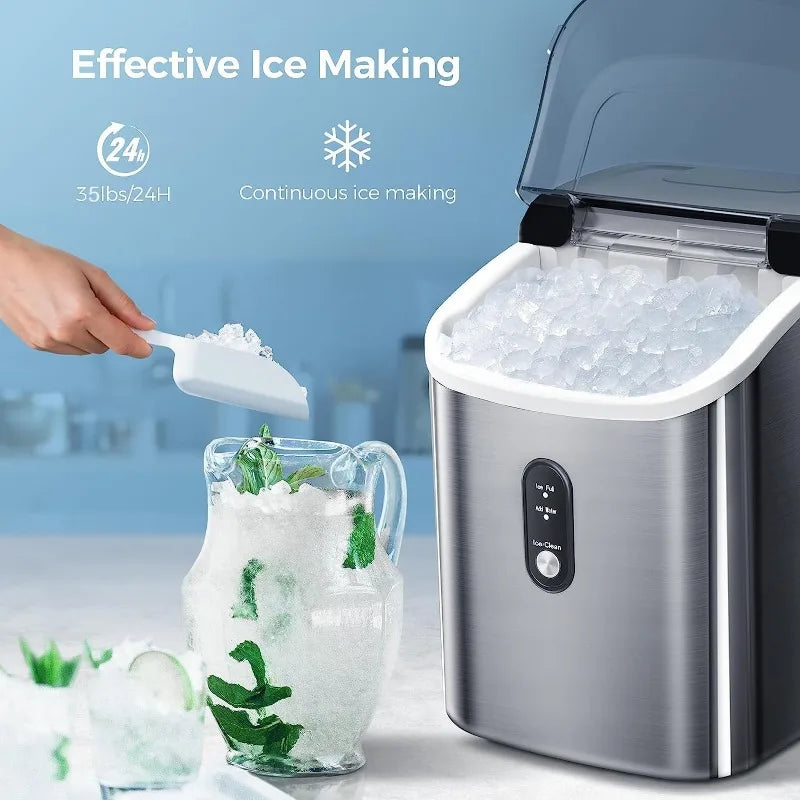 AGLUCKY Nugget Ice Maker Countertop, Portable Pebble Ice Maker Machine, 35Lbs/Day Chewable Ice, Self-Cleaning, Stainless Steel