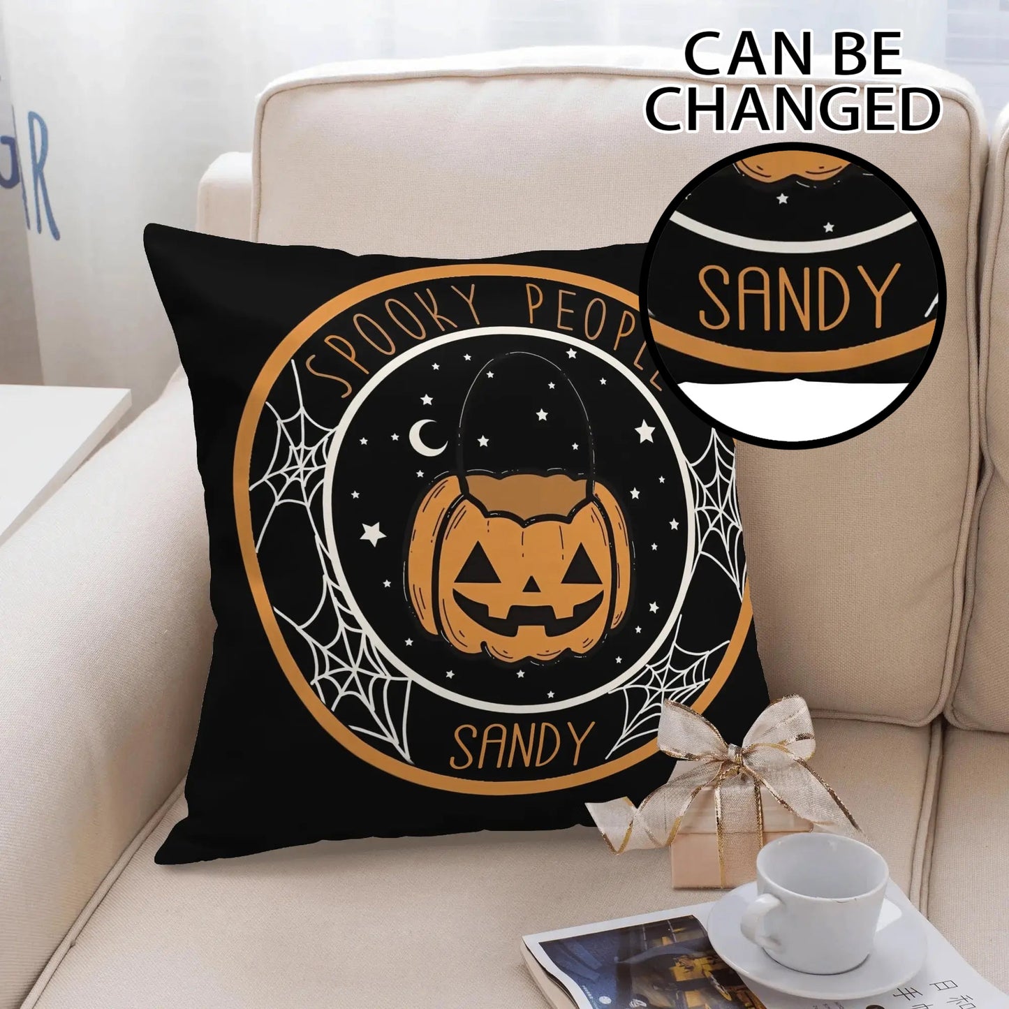 Personalized Halloween pillow cover with jack-o’-lantern, spiderwebs, stars, and custom name, spooky festive throw cushion for Halloween décor.