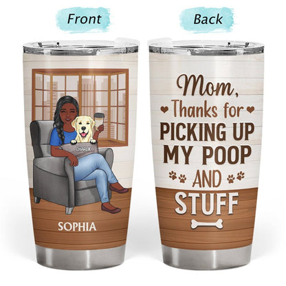 Funny personalized dog mom tumbler with cartoon woman and dog, custom names, and humorous message.