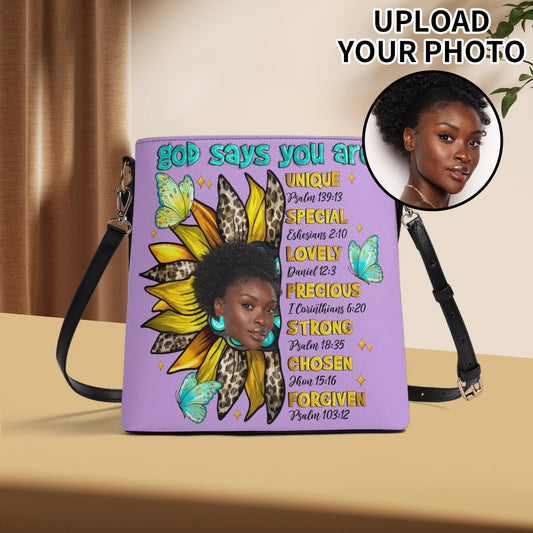 Personalized handbag with sunflower design, photo upload, Bible verse affirmations, and custom name. Faith-based Christian gift for women.
