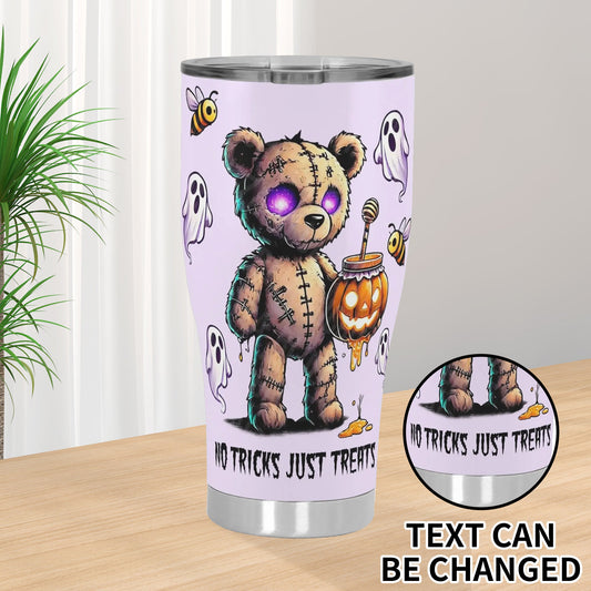 Creepy Teddy Bear Halloween Tumbler with glowing eyes, stitched bear design, ghosts, bees, and customizable text “No Tricks Just Treats.”