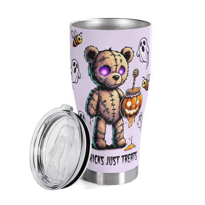 Haunted Teddy “No Tricks, Just Treats” Halloween Tumbler – 20oz Custom Spooky Cute Stainless Steel Mug - De Krys