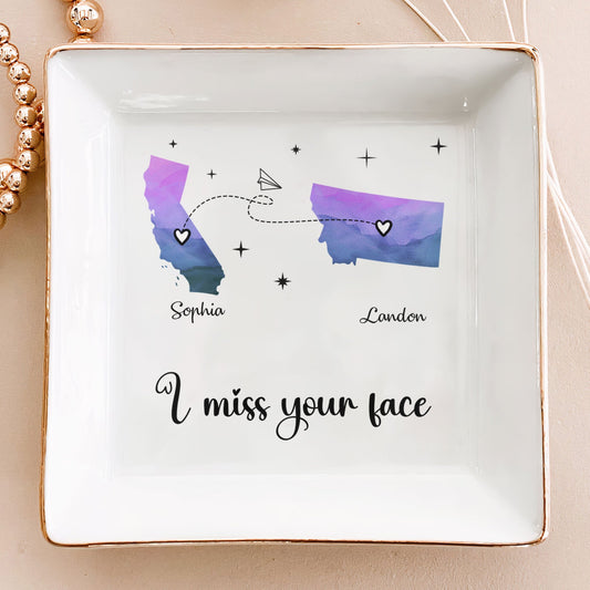 Custom jewelry dish with watercolor state maps, personalized names, and “I miss your face” quote—perfect long-distance gift for friends, family, or couples.