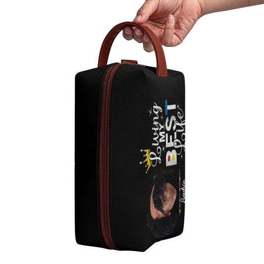 Living My Best Life Custom Makeup Bag – Personalized Black Woman Cosmetic Pouch with Photo & Name | Self - Love Gift for Her - De Krys