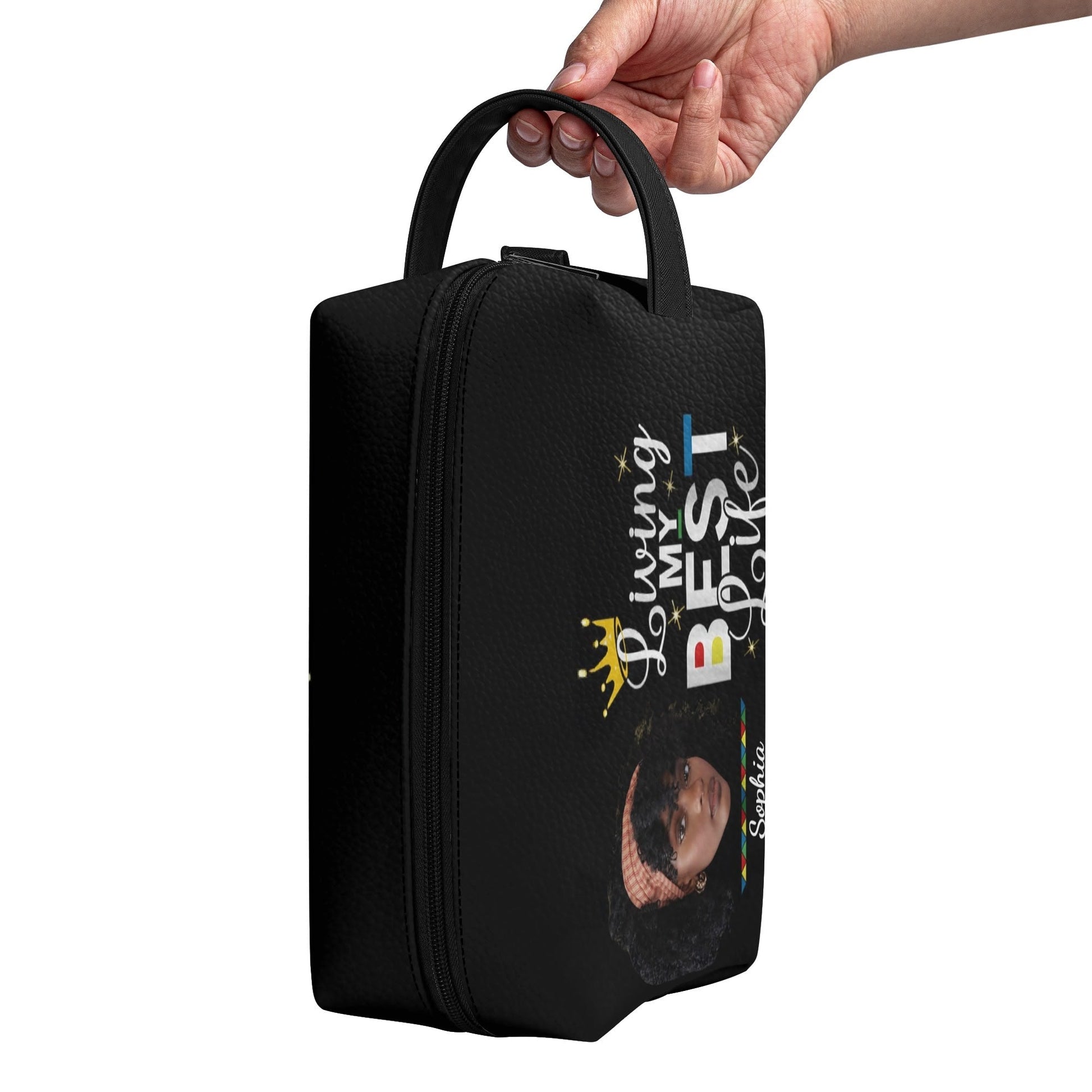 Living My Best Life Custom Makeup Bag – Personalized Black Woman Cosmetic Pouch with Photo & Name | Self - Love Gift for Her - De Krys