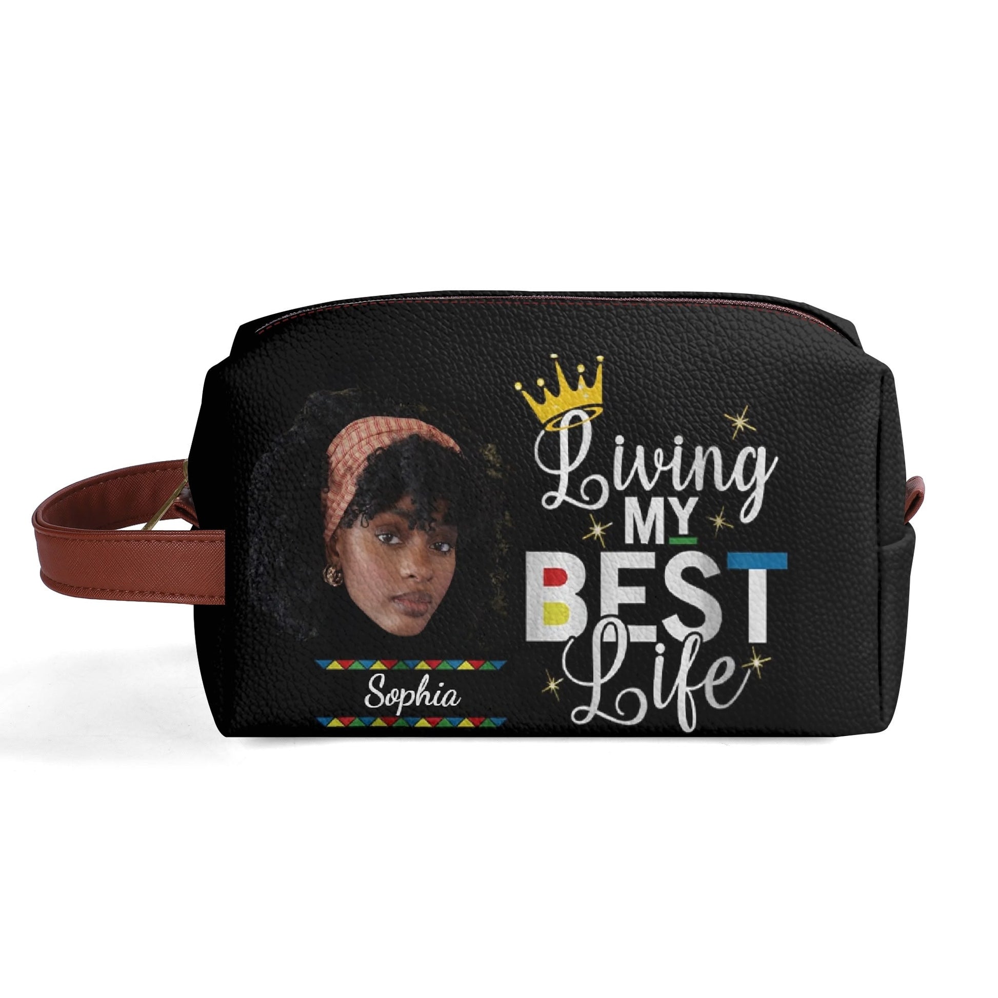 Living My Best Life Custom Makeup Bag – Personalized Black Woman Cosmetic Pouch with Photo & Name | Self - Love Gift for Her - De Krys