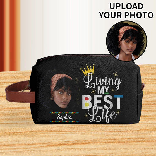 Personalized Black woman cosmetic bag with photo, name, crown design, and text “Living My Best Life.” Custom makeup or travel pouch.