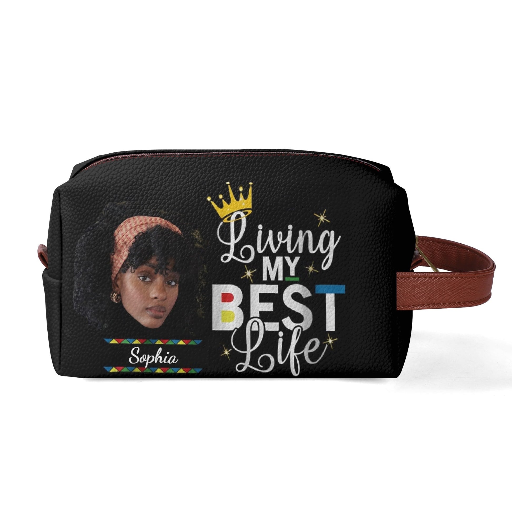Living My Best Life Custom Makeup Bag – Personalized Black Woman Cosmetic Pouch with Photo & Name | Self - Love Gift for Her - De Krys