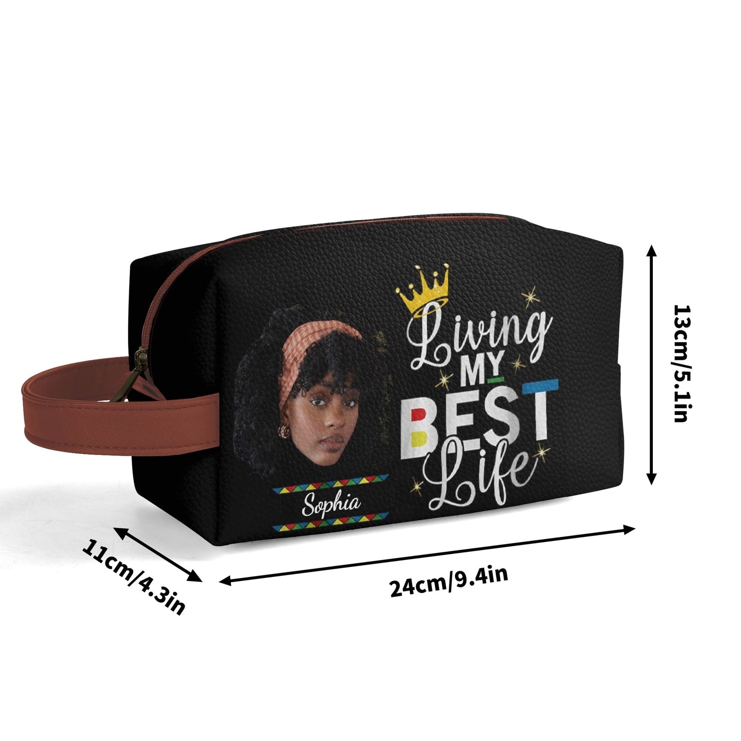 Living My Best Life Custom Makeup Bag – Personalized Black Woman Cosmetic Pouch with Photo & Name | Self - Love Gift for Her - De Krys