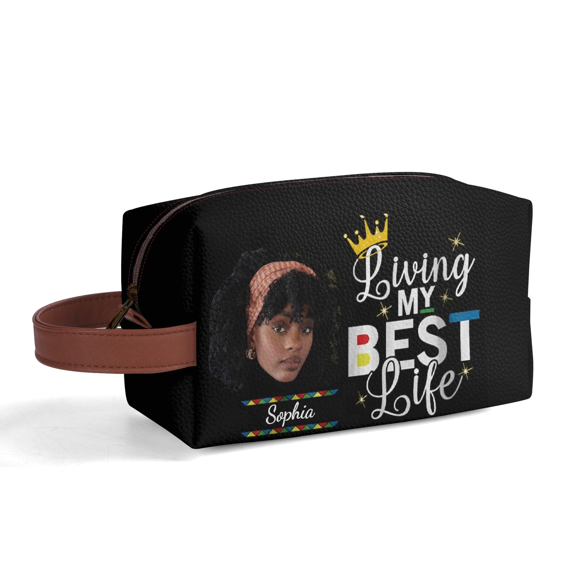 Living My Best Life Custom Makeup Bag – Personalized Black Woman Cosmetic Pouch with Photo & Name | Self - Love Gift for Her - De Krys
