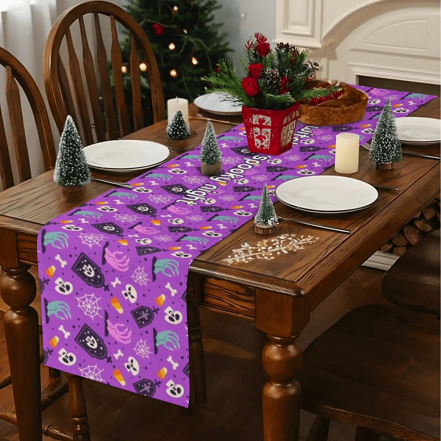 Luxury Halloween Table Drape - 72 Inch Custom Printed Runner with Potion Bottles Design - Heat Resistant - De Krys