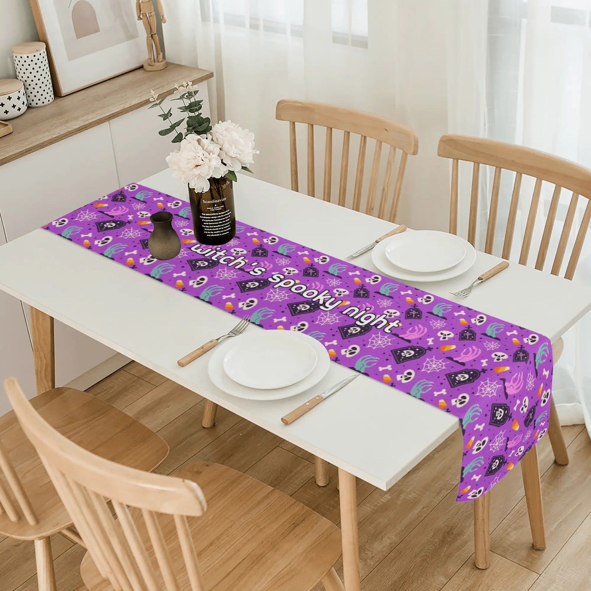 Luxury Halloween Table Drape - 72 Inch Custom Printed Runner with Potion Bottles Design - Heat Resistant - De Krys