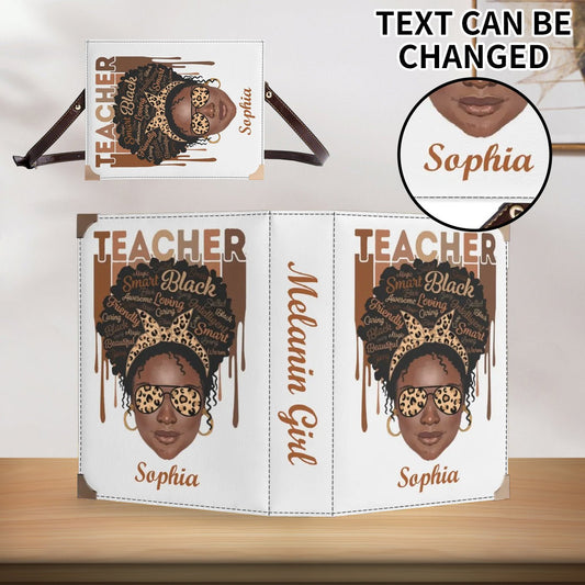 Personalized wallet with Black teacher design, afro word art, leopard accents, and custom name. Melanin Girl teacher appreciation gift.