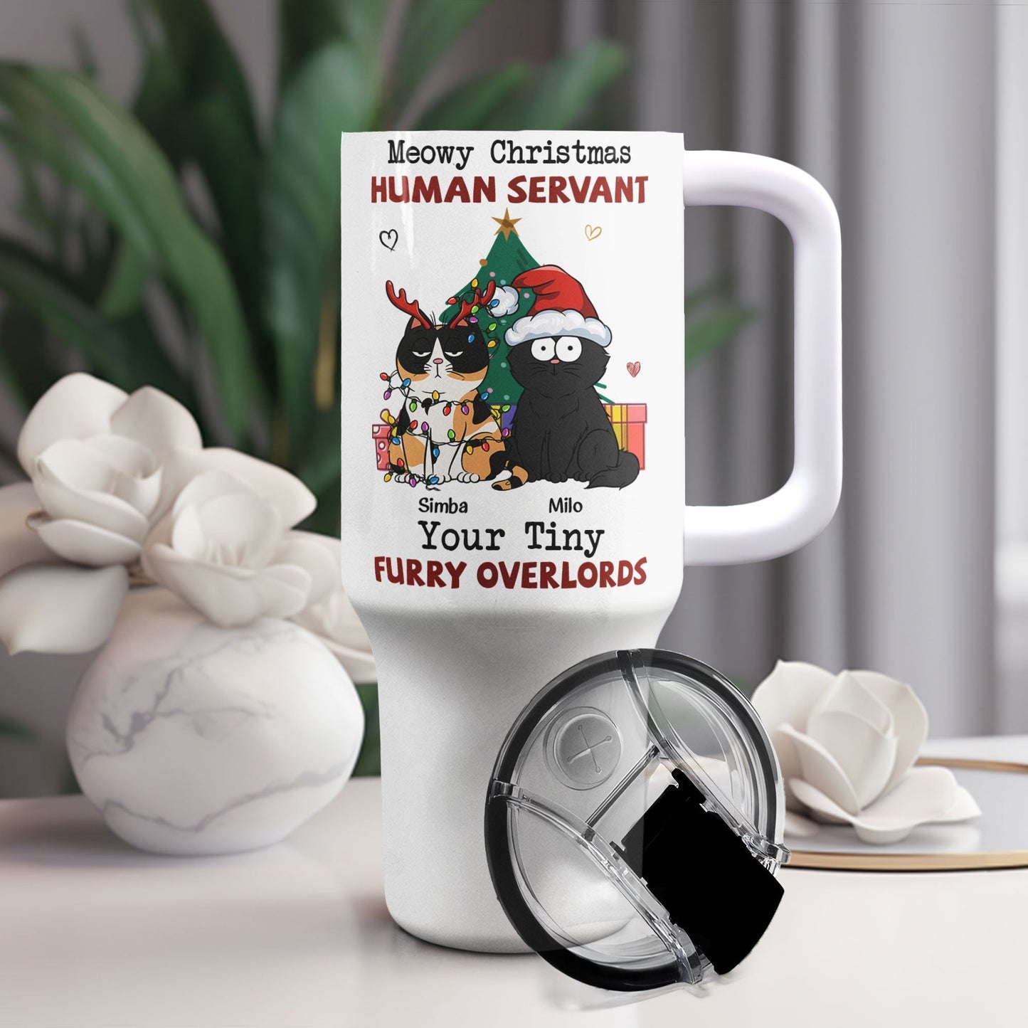 Personalized Christmas Cat Tumbler with Names & Funny Quote