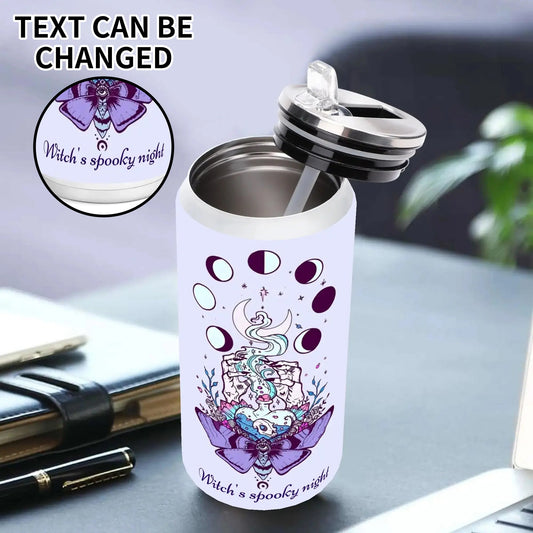 17oz custom witchy tumbler with moon phases and gothic celestial artwork, personalized text option, stainless steel insulated cup for Halloween lovers.