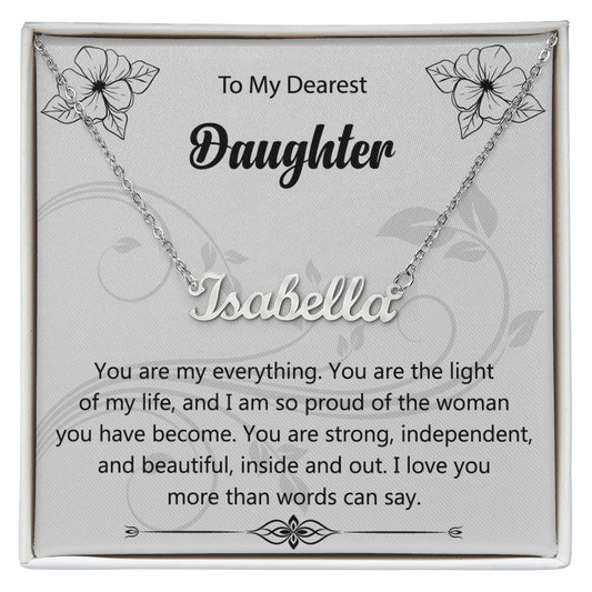 Personalized daughter name necklace in a luxury gift box with heartfelt message card, perfect sentimental jewelry gift from parent to daughter.