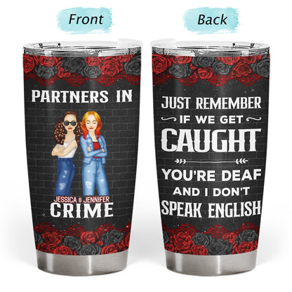Personalized best friends tumbler with custom names, cartoon characters, and funny quote.