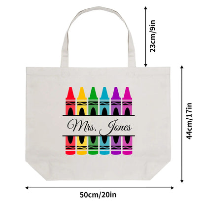 Durable canvas tote bag with colorful crayon artwork and personalized name – perfect teacher appreciation gift