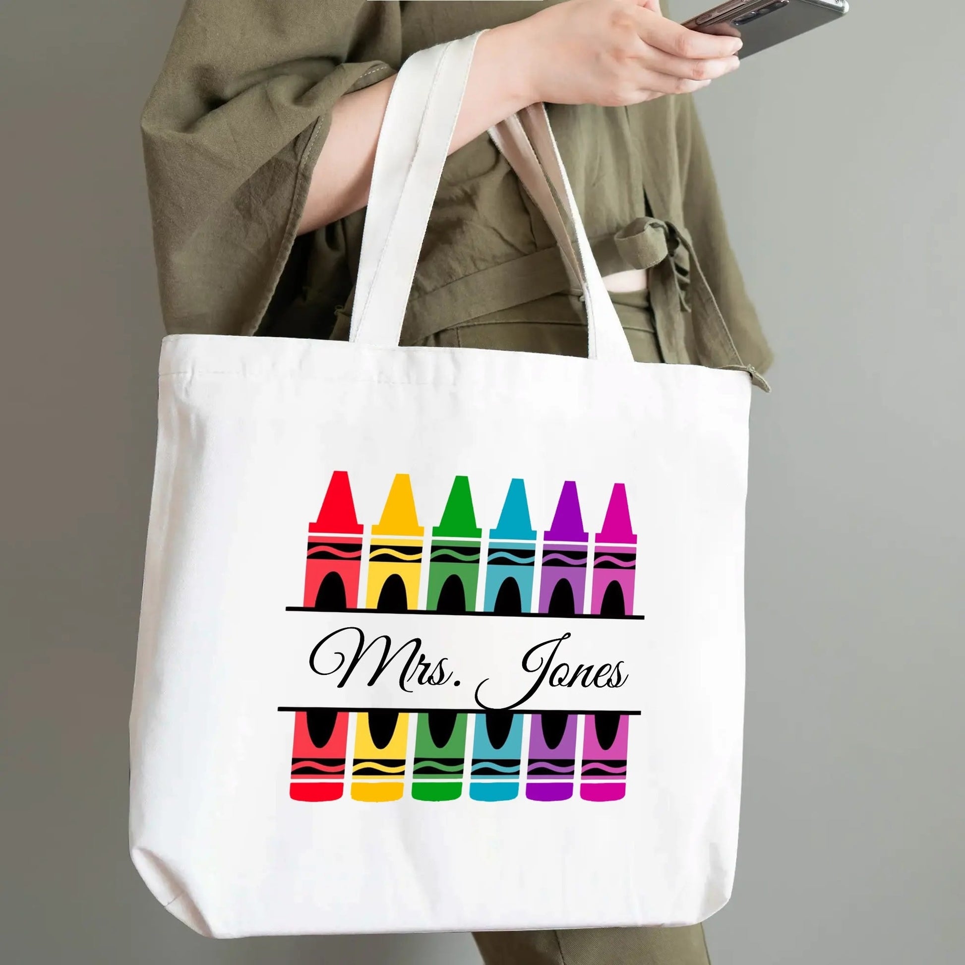 Custom rainbow crayon tote bag for teachers – functional and stylish appreciation gift for carrying books, supplies, and essentials.