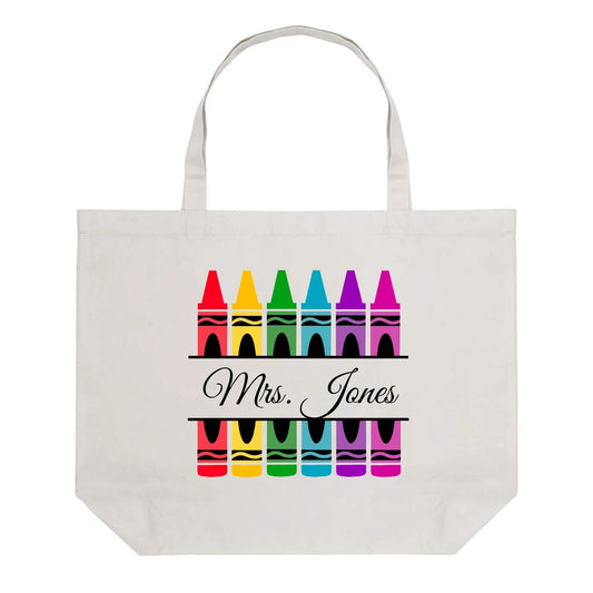 Personalized Crayon Teacher Tote – Rainbow Custom Name Teacher Bag - De Krys