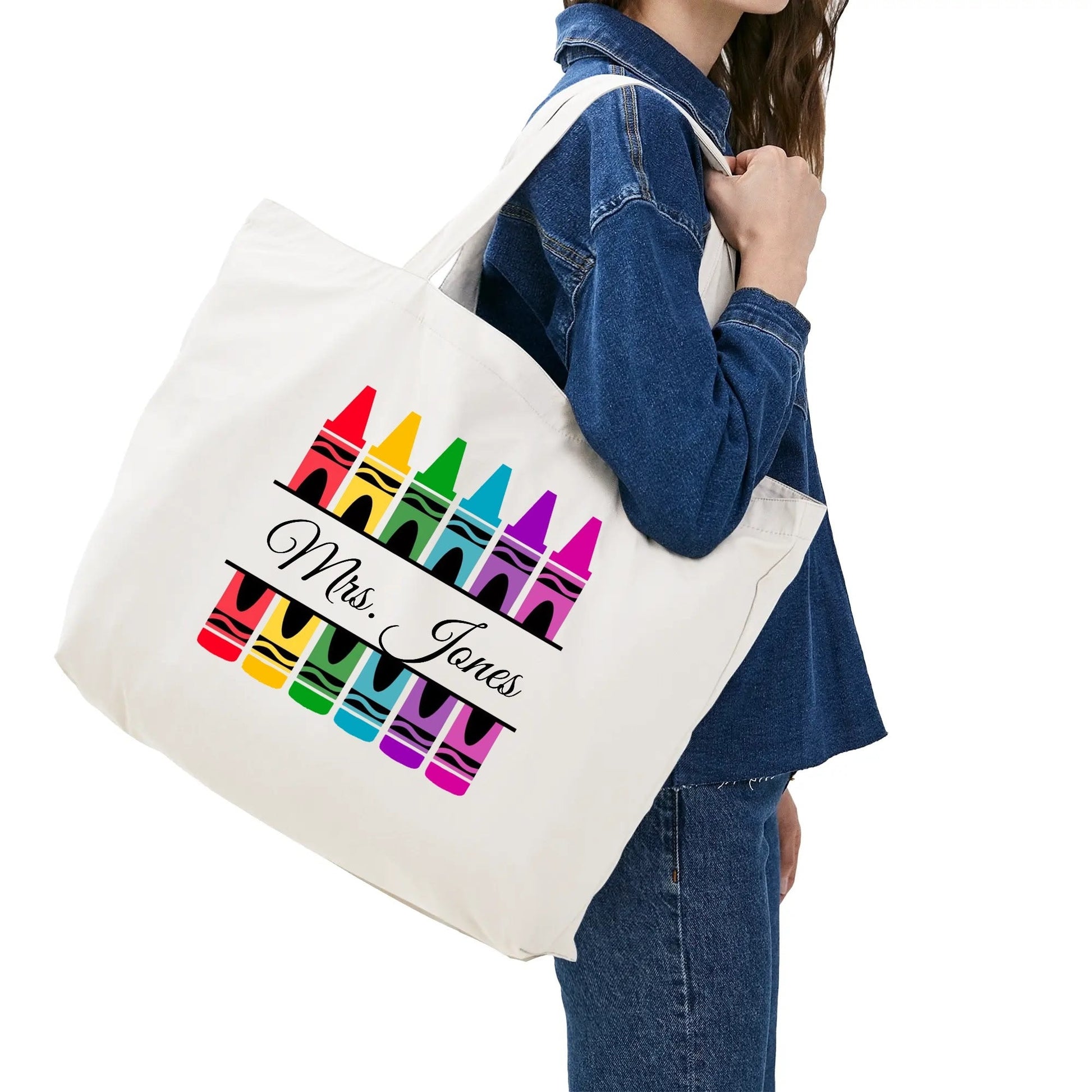 Personalized Crayon Teacher Tote – Rainbow Custom Name Teacher Bag - De Krys