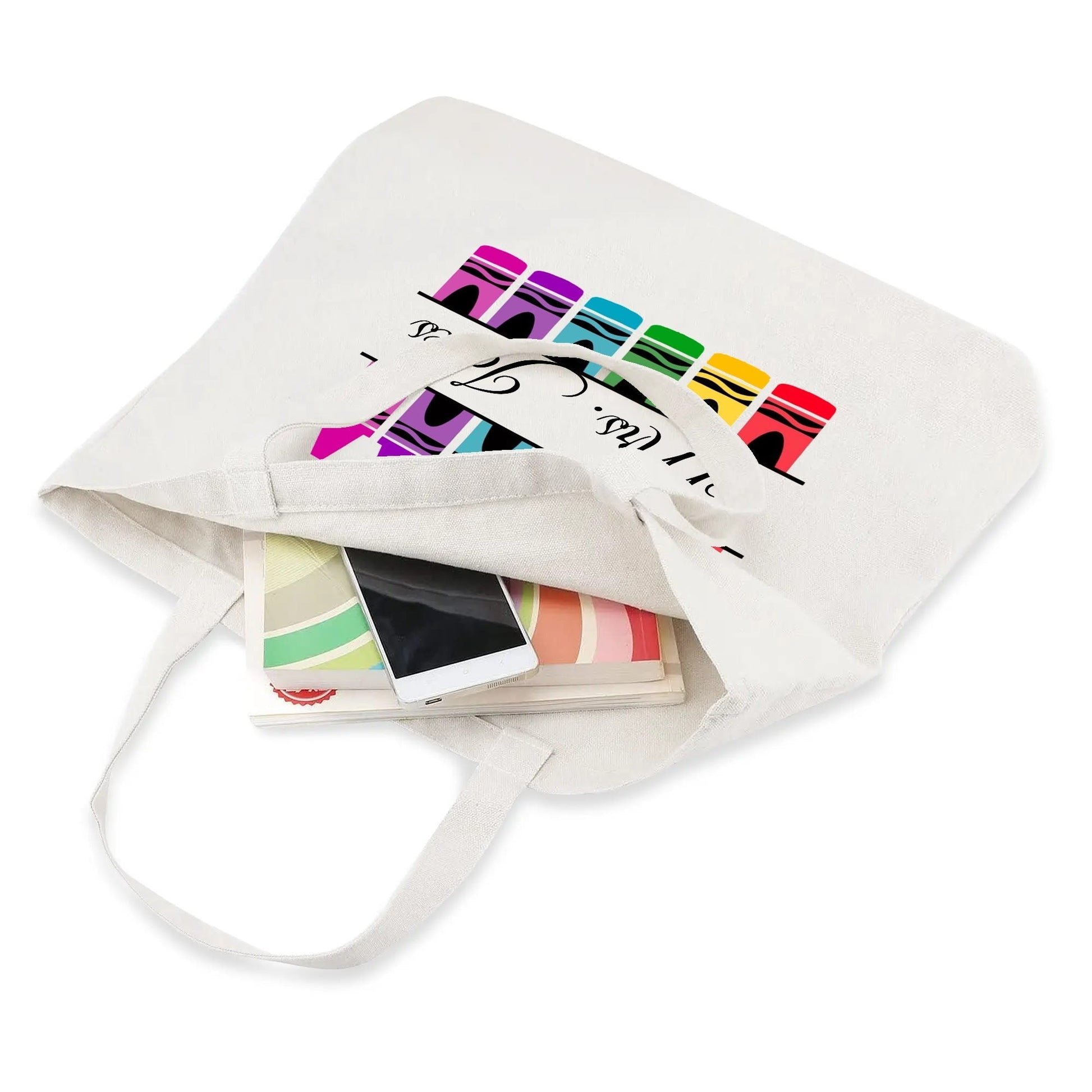 Personalized Crayon Teacher Tote – Rainbow Custom Name Teacher Bag - De Krys