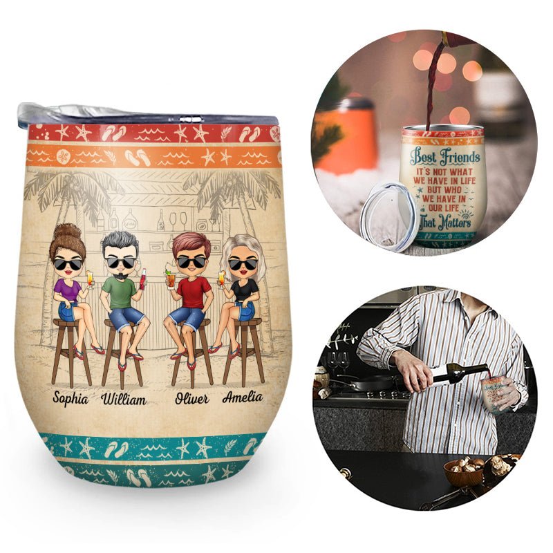 Friends enjoying personalized wine tumblers on a summer vacation, custom gift for friendship memories