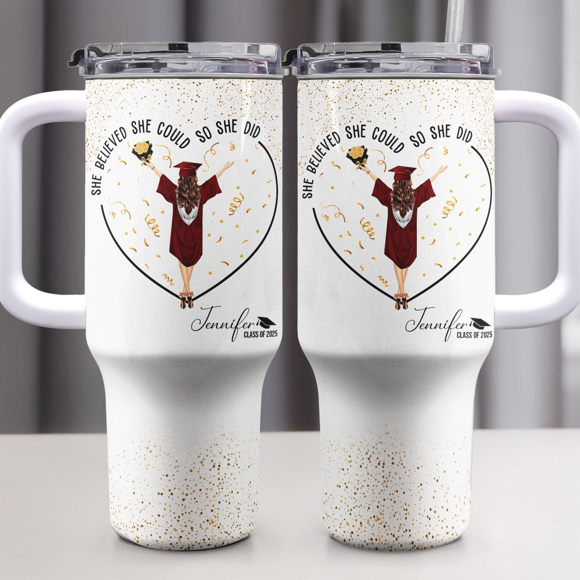 Graduation gift tumbler for her, motivational custom cup with graduation year and name