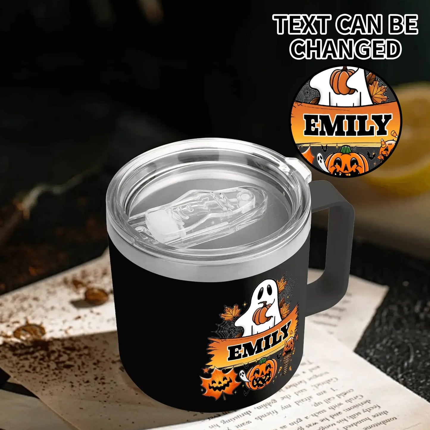 Personalized Halloween ghost mug with pumpkin design and custom name, black stainless steel coffee cup with spill-proof lid.