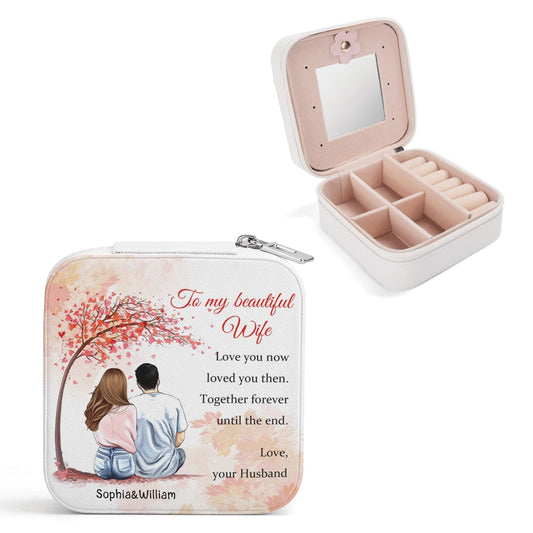 Personalized jewelry travel box with custom names and romantic message for wife, featuring compartments, mirror, and heartfelt gift design.