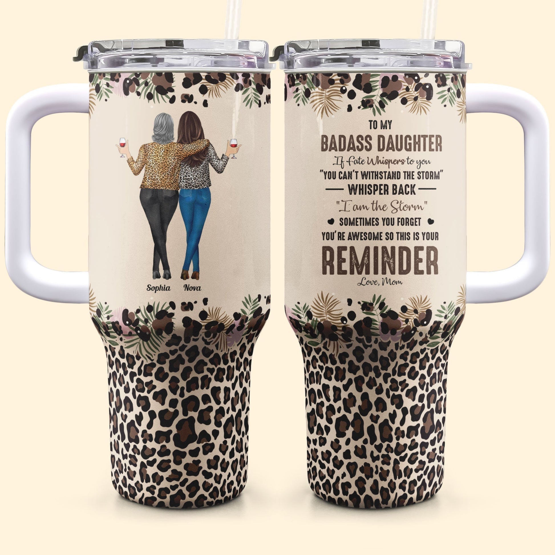 Personalized Mother Daughter Leopard Print Tumbler with Quote