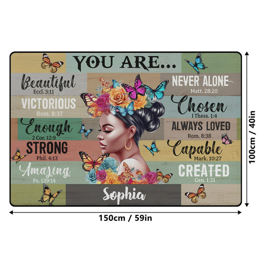 High-quality affirmation rug with vibrant colors, soft texture, and customizable name detail for unique décor
