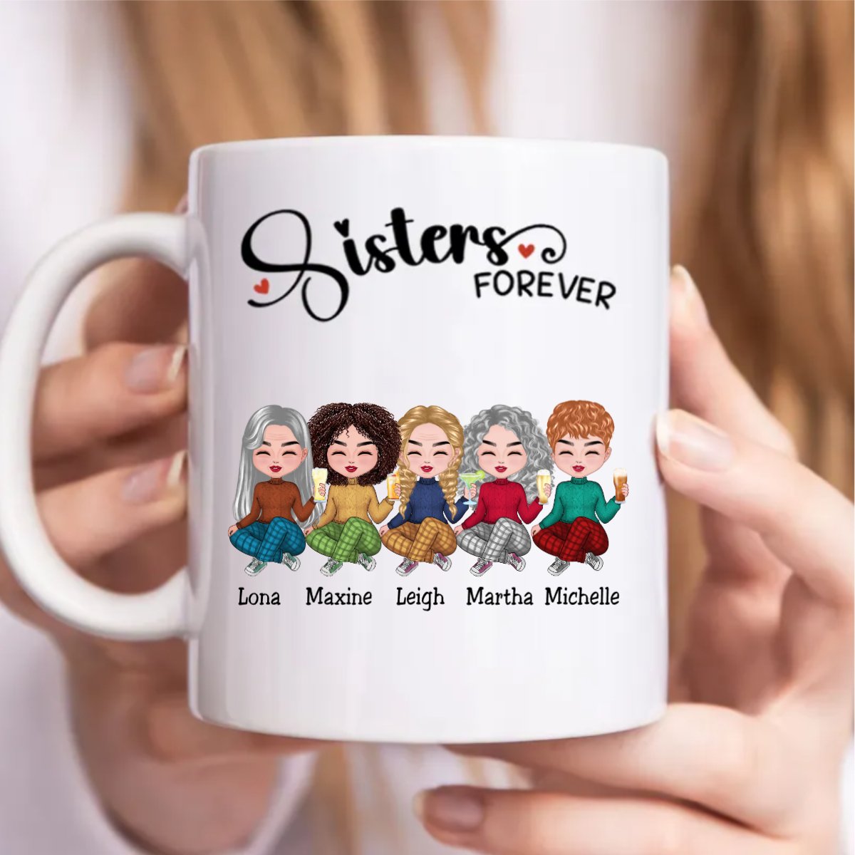 High-quality ceramic mug with detailed custom illustration and personalized names