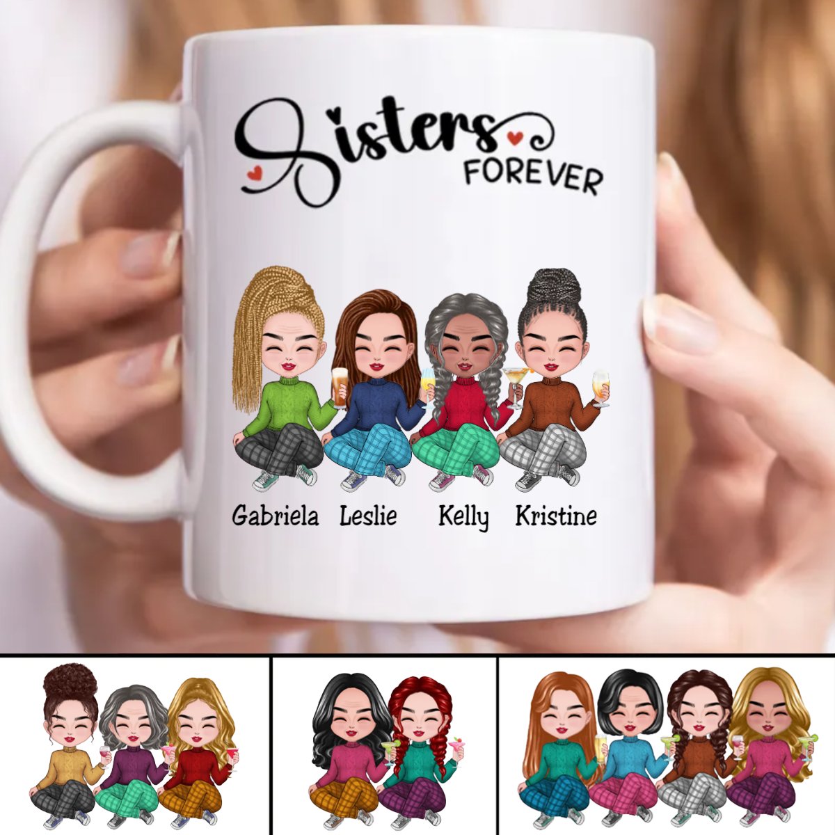 Sisters Forever personalized mug with custom cartoon characters and names