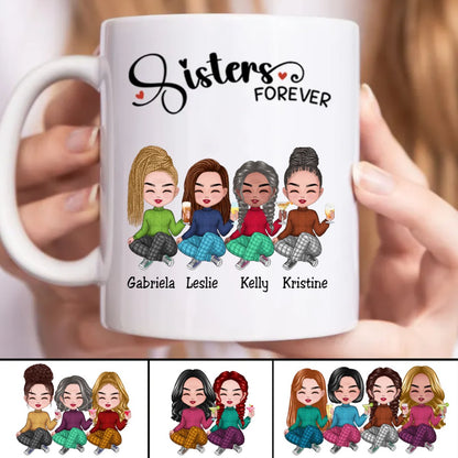 Sisters Forever personalized mug with custom cartoon characters and names