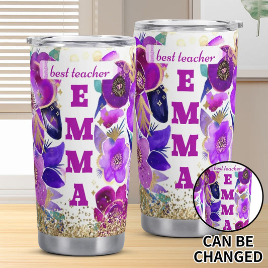 Personalized teacher tumbler with purple floral design and custom name “Emma.” Stainless steel insulated cup, teacher appreciation gift.