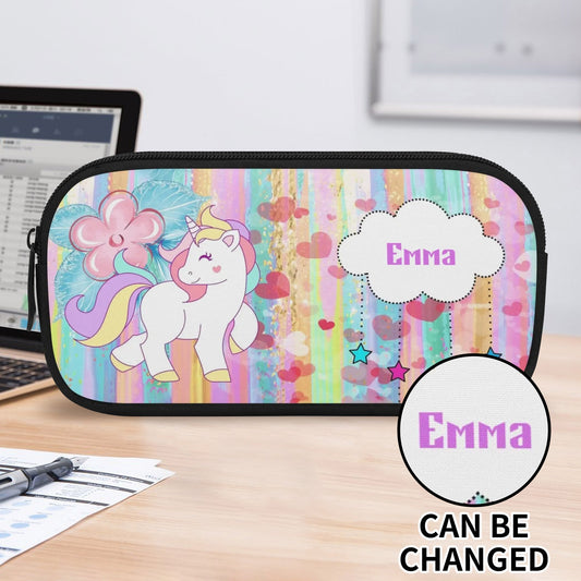Personalized unicorn pencil case with rainbow design, custom name printed, perfect for kids and school supplies.