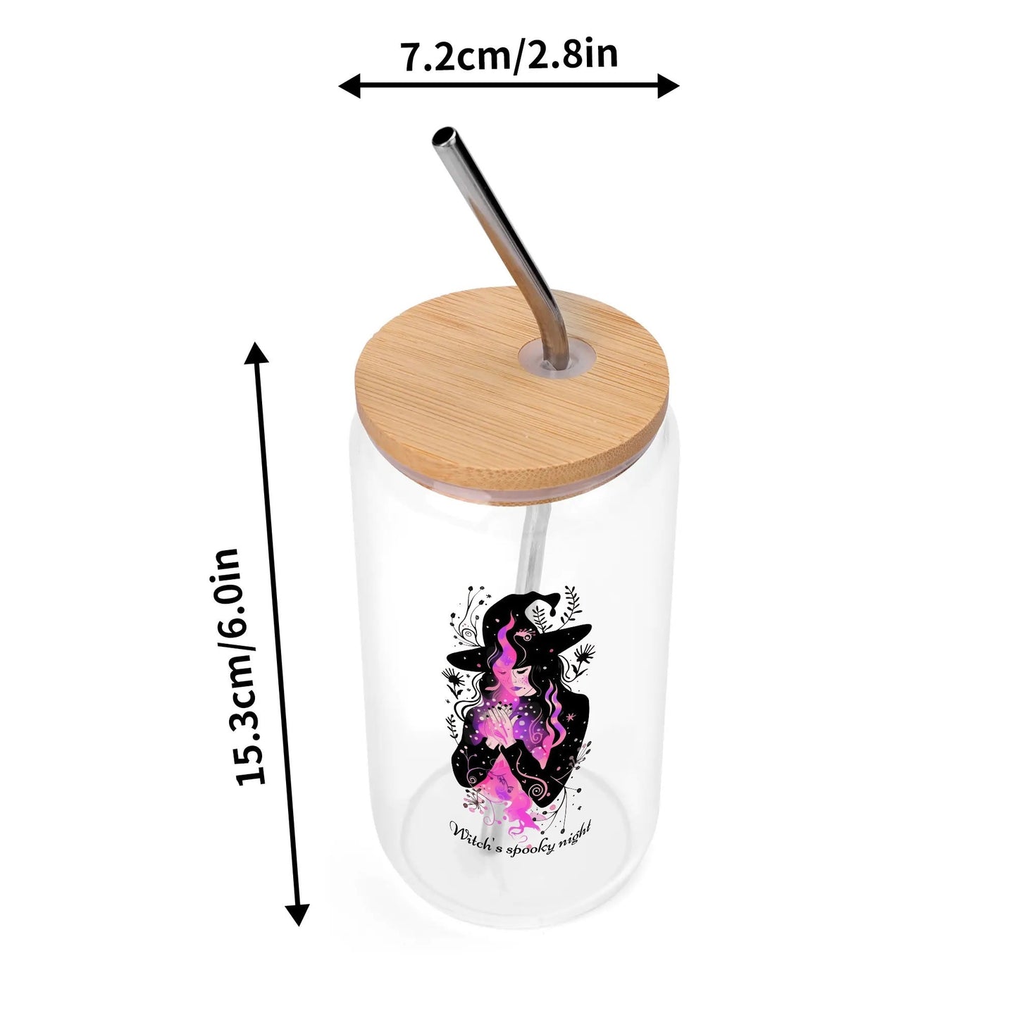 Personalized Witch’s Spooky Night Glass Can Cup – 16oz Iced Coffee Cup with Bamboo Lid & Straw - De Krys