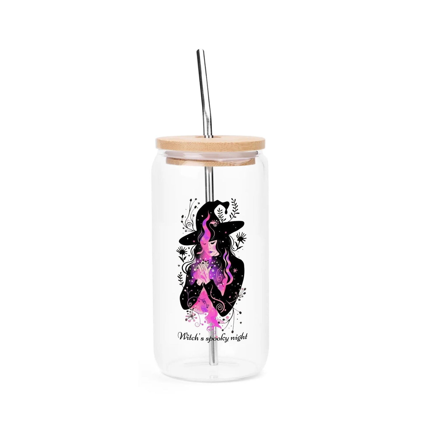 Personalized Witch’s Spooky Night Glass Can Cup – 16oz Iced Coffee Cup with Bamboo Lid & Straw - De Krys