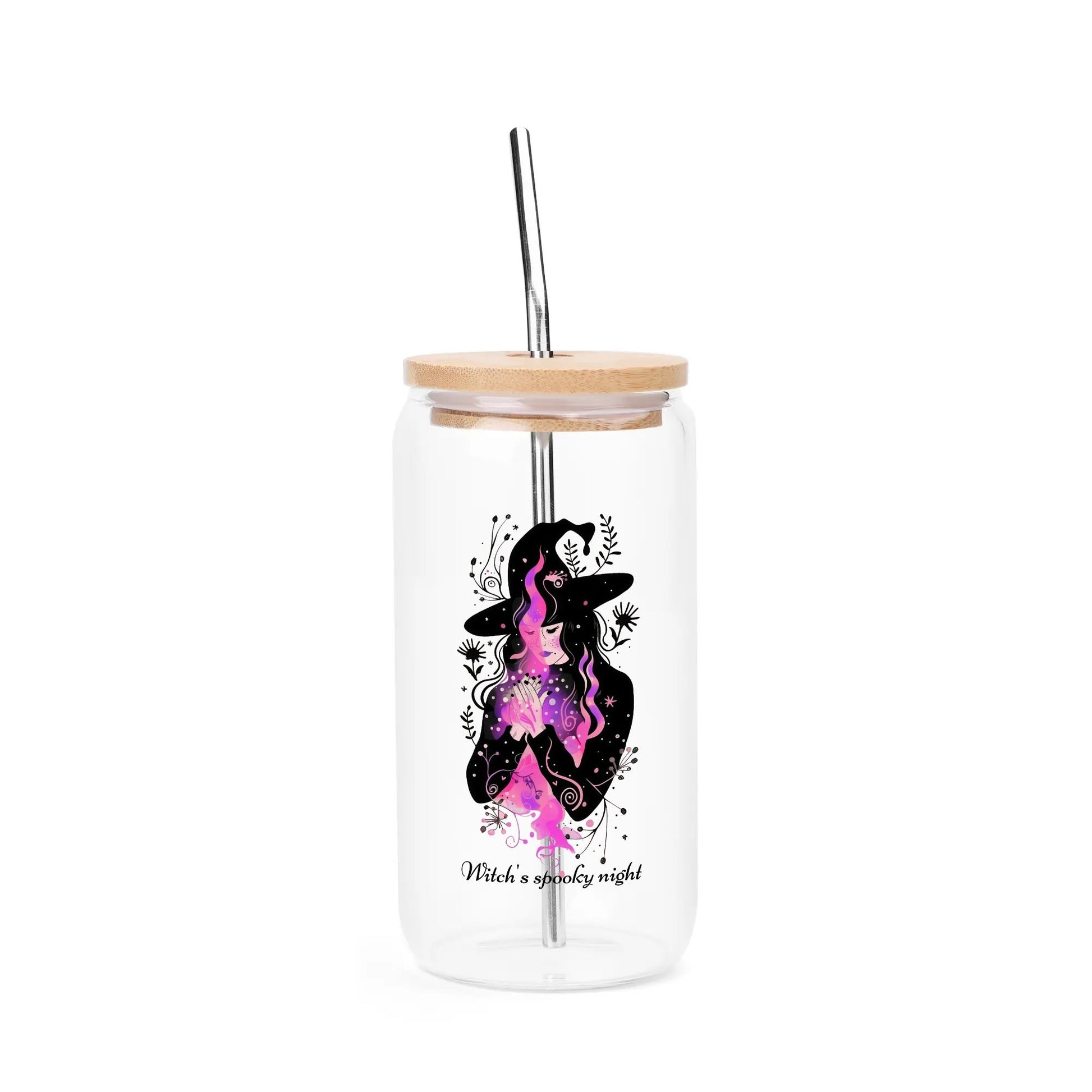Personalized Witch’s Spooky Night Glass Can Cup – 16oz Iced Coffee Cup with Bamboo Lid & Straw - De Krys